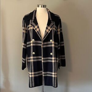 New! Anne Klein Knit Plaid Open Blazer Long Gold Button Blue & Camel Size XL NWT
